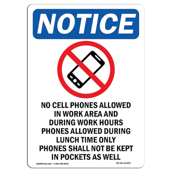 Safety Sign, OSHA Notice, 5" Height, No Cell Phones Allowed Sign With Symbol, Portrait, 10PK